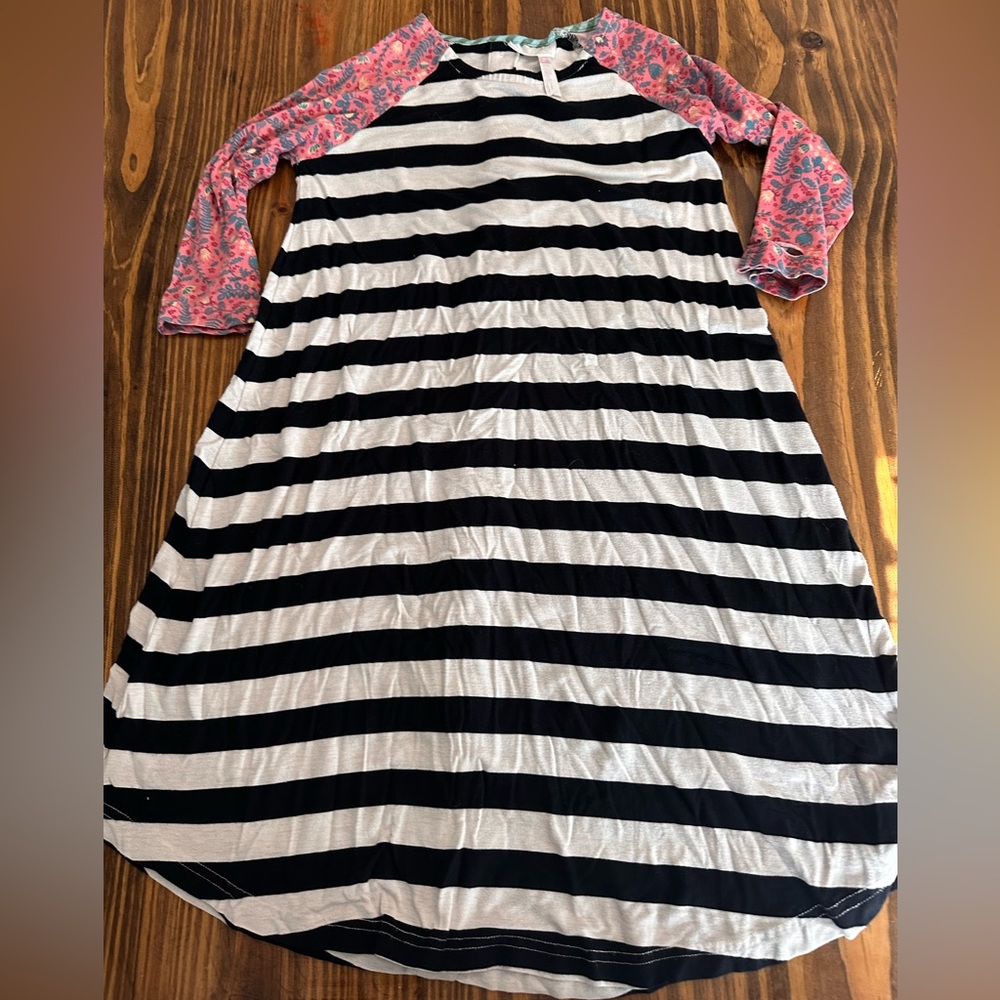 Matilda Jane Girls Striped Black and White Dress with Pink Floral Sleeves